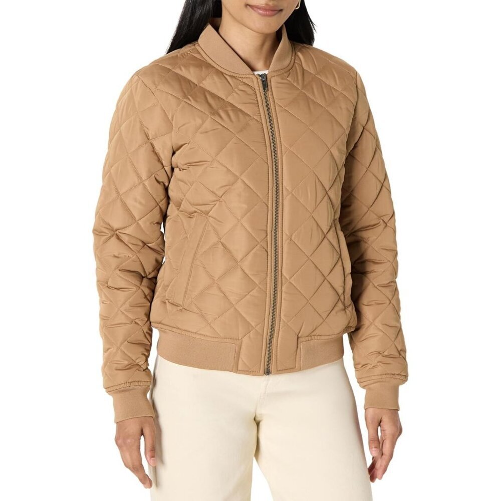 Women's Camel Quilted Bomber Jacket Coat Style Cool Weather Front Zipper Closure